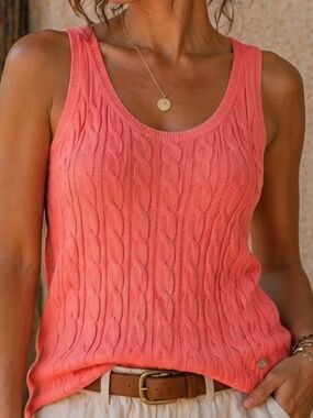 Tommy Hilfiger Coral Cable Knit Tank | Sleeveless Sweater Top Preppy Summer Top